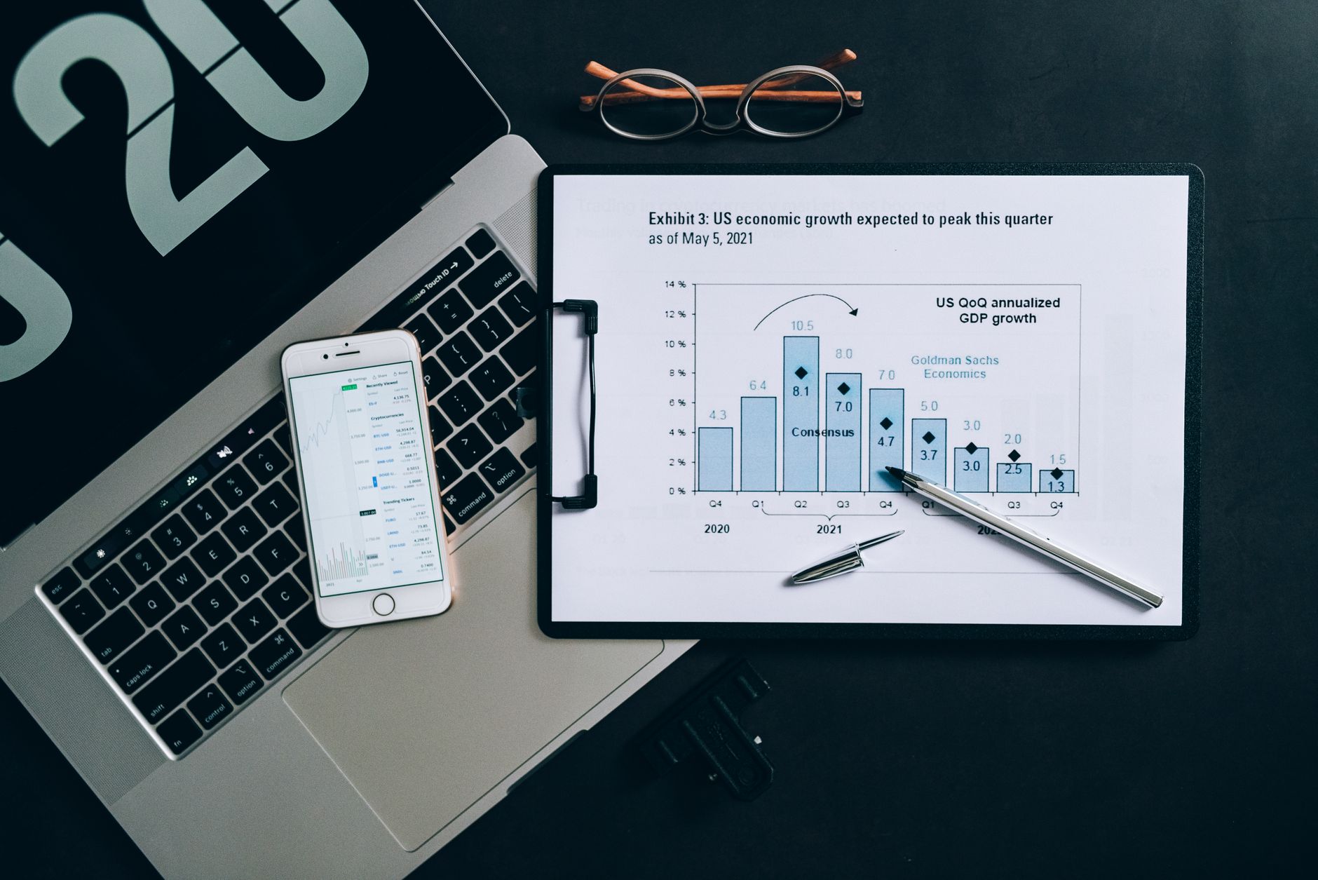 Top view of a financial data analysis setup with laptop, smartphone, and graph on clipboard.