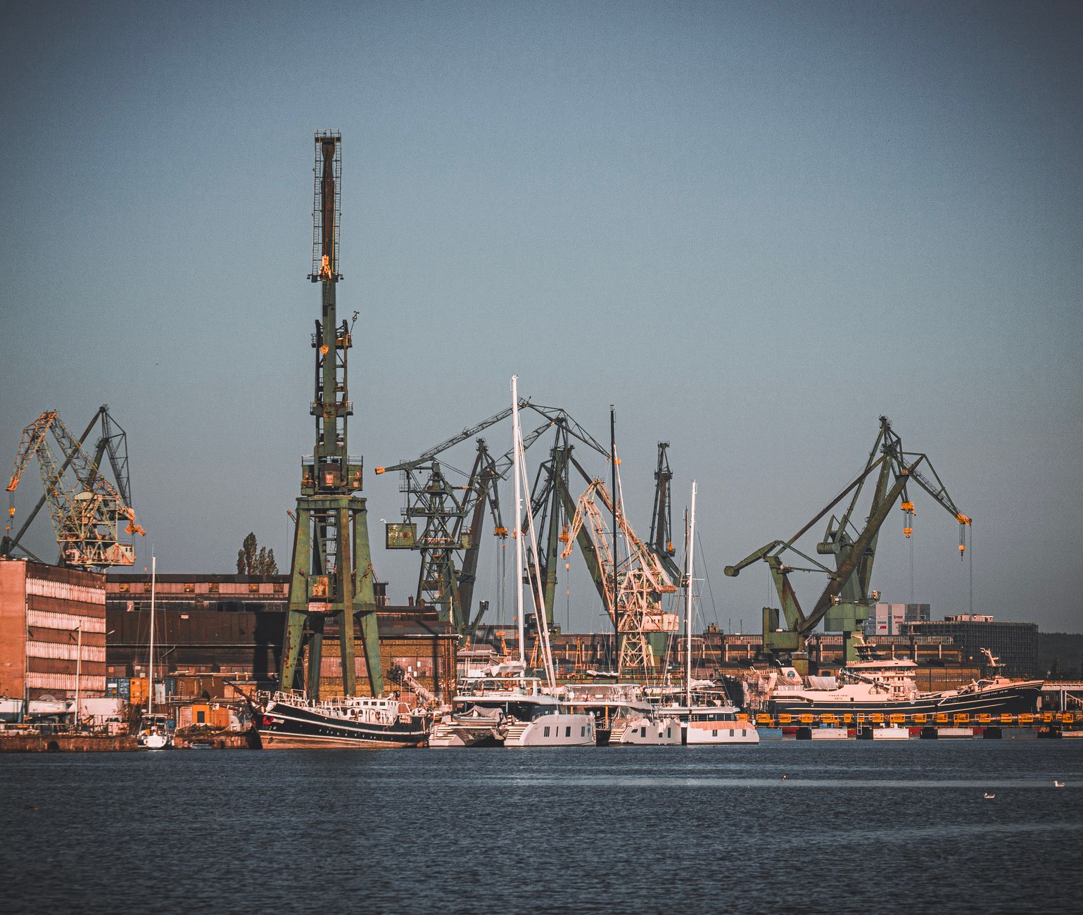 View of the bustling industrial port at Gdańsk Shipyard with cranes, ships, and dock facilities.