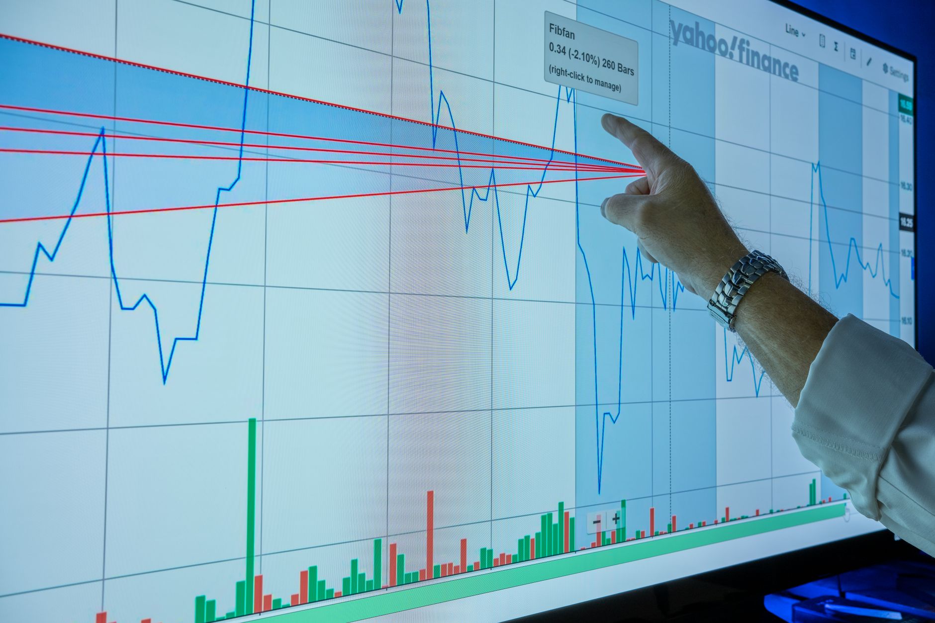 Closeup of hand analyzing financial graph on a digital screen for market trends and investment insights.