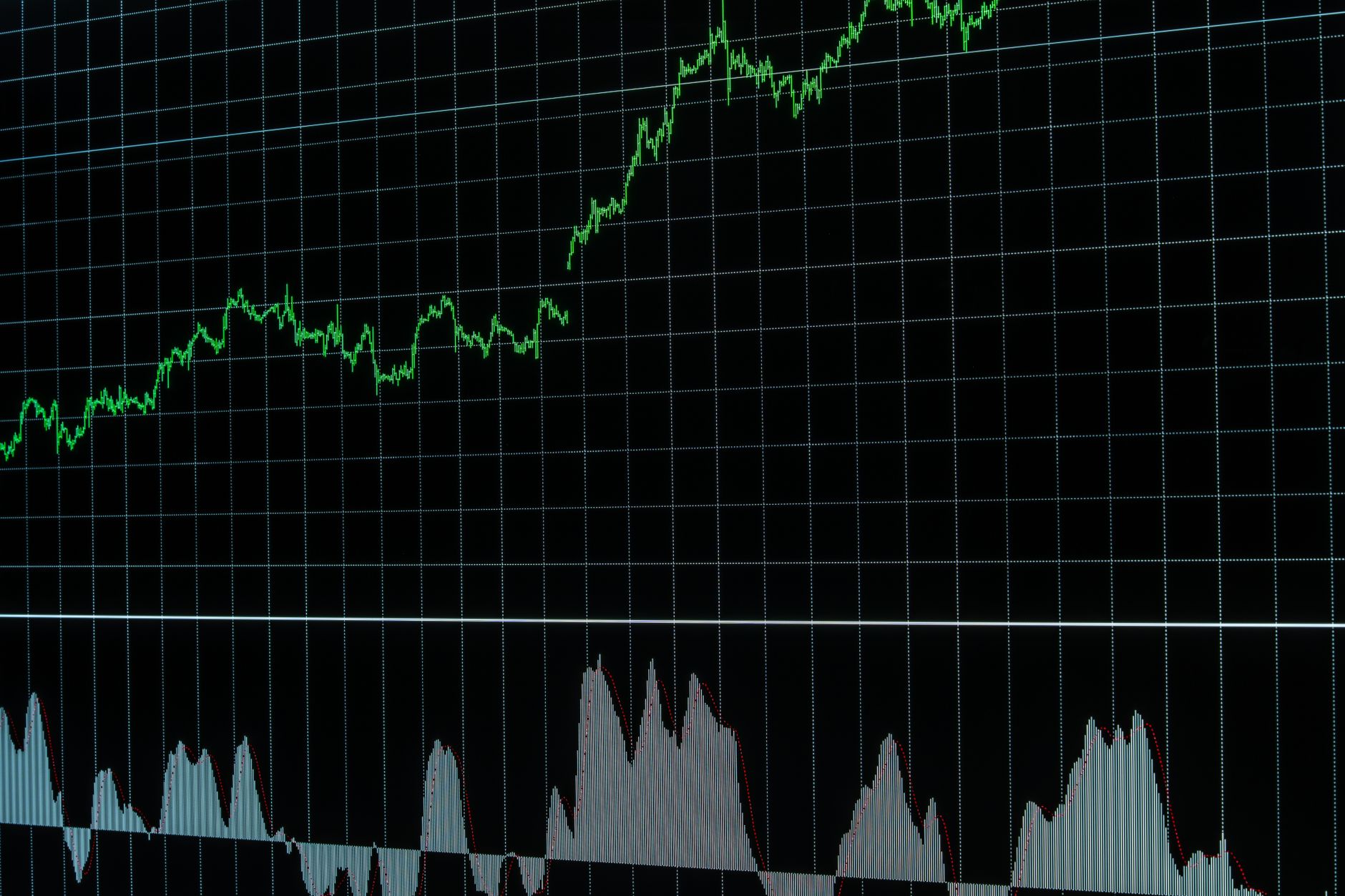 Rising stock market graph with grid lines, showing market data trends. Ideal for financial and economic concepts.